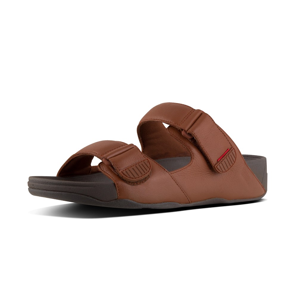 Fitflop Mens Slides Brown - Gogh Moc Adjustable Leather - 04RBMZNPV